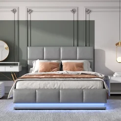 Redom Lit 140x200 cm avec rangement hydraulique et éclairage LED, tapissé simili cuir gris, cadre métal robuste* Lit Avec Rangement