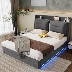 Redom Lit 160x200 cm avec rangement hydraulique, tiroirs 2-en-1, LED intégrées et tête rembourrée en velours gris* Lit Avec Rangement