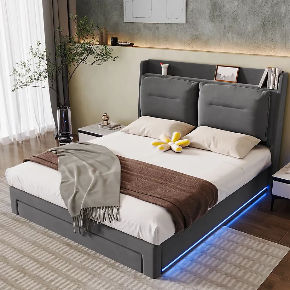Redom Lit 160x200 cm avec rangement hydraulique, tiroirs 2-en-1, LED intégrées et tête rembourrée en velours gris* Lit Avec Rangement