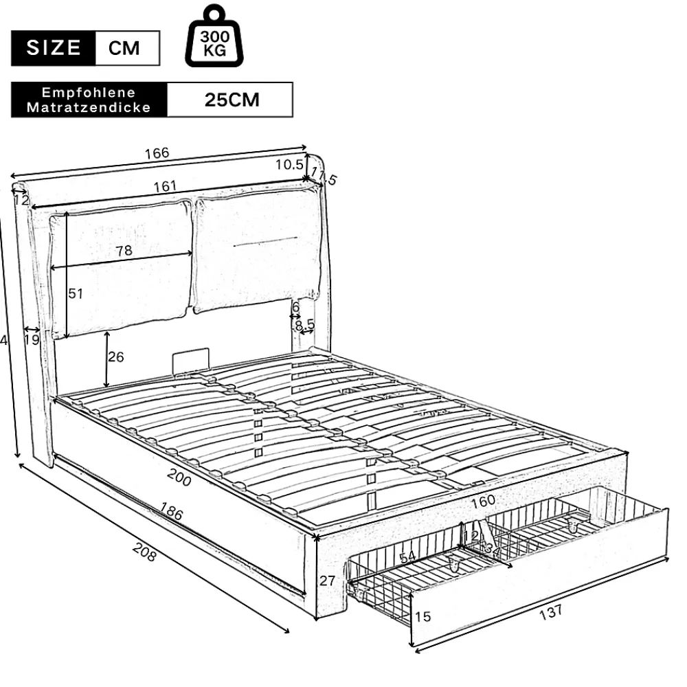 Redom Lit 160x200 cm avec rangement hydraulique, tiroirs 2-en-1, LED intégrées et tête rembourrée en velours gris* Lit Avec Rangement