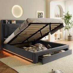 Redom Lit 160x200 cm avec rangement hydraulique, tiroirs 2-en-1, LED intégrées et tête rembourrée en velours gris* Lit Avec Rangement