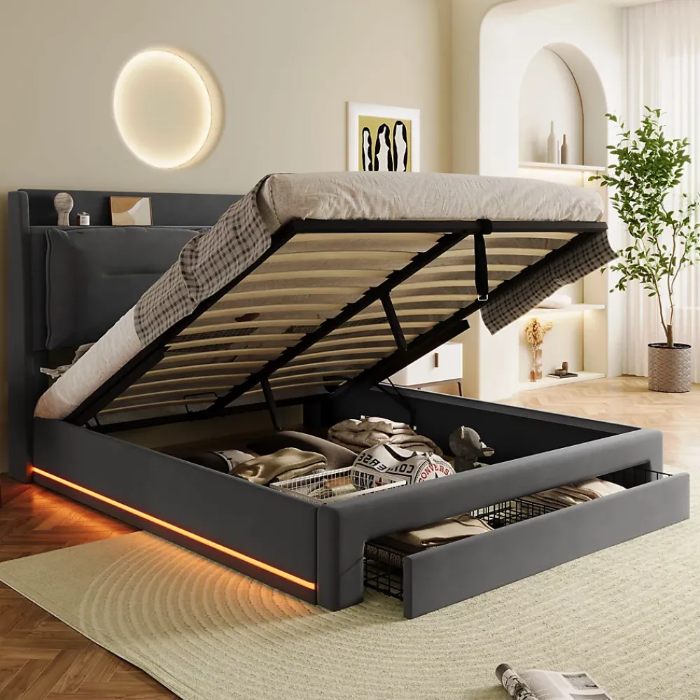 Redom Lit 160x200 cm avec rangement hydraulique, tiroirs 2-en-1, LED intégrées et tête rembourrée en velours gris* Lit Avec Rangement