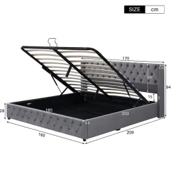 Redom Lit 160x200 cm avec rangement hydraulique et tête de lit capitonnée en velours gris, cadre bois et structure métal* Lit Avec Rangement