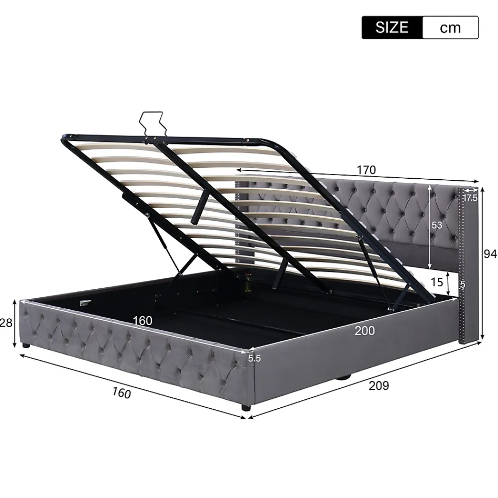 Redom Lit 160x200 cm avec rangement hydraulique et tête de lit capitonnée en velours gris, cadre bois et structure métal* Lit Avec Rangement