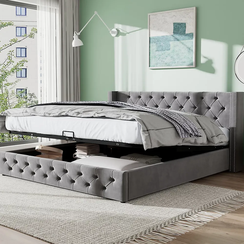 Redom Lit 160x200 cm avec rangement hydraulique et tête de lit capitonnée en velours gris, cadre bois et structure métal* Lit Avec Rangement