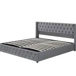 Redom Lit 160x200 cm avec rangement hydraulique et tête de lit capitonnée en velours gris, cadre bois et structure métal* Lit Avec Rangement