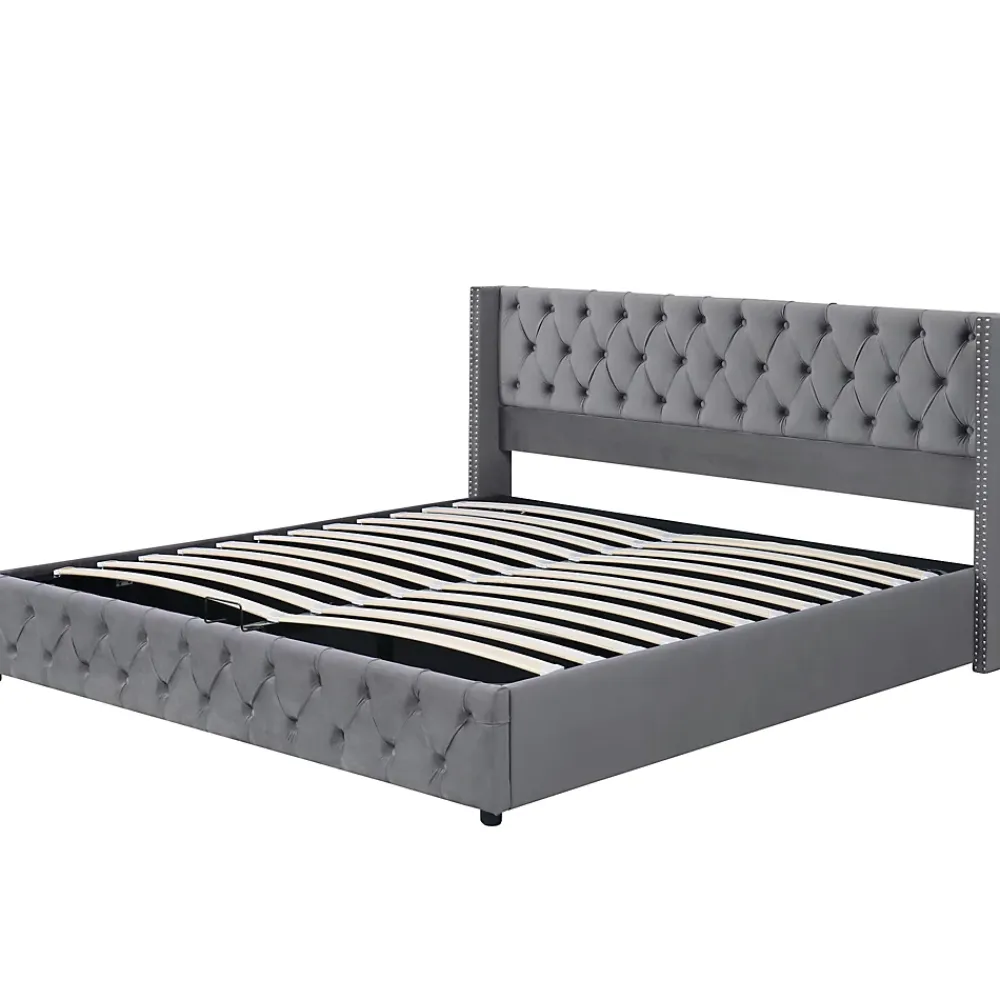 Redom Lit 160x200 cm avec rangement hydraulique et tête de lit capitonnée en velours gris, cadre bois et structure métal* Lit Avec Rangement