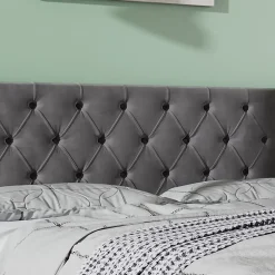 Redom Lit 160x200 cm avec rangement hydraulique et tête de lit capitonnée en velours gris, cadre bois et structure métal* Lit Avec Rangement