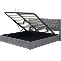 Redom Lit 160x200 cm avec rangement hydraulique et tête de lit capitonnée en velours gris, cadre bois et structure métal* Lit Avec Rangement