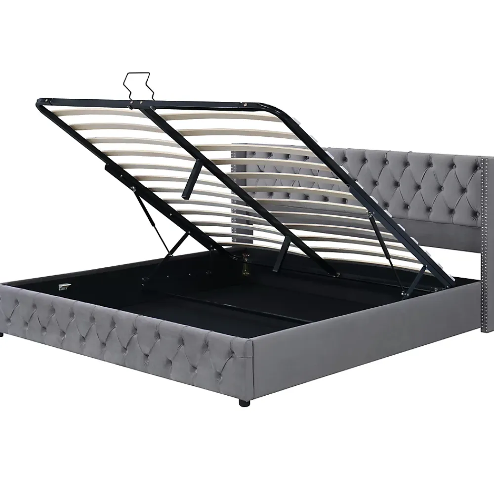 Redom Lit 160x200 cm avec rangement hydraulique et tête de lit capitonnée en velours gris, cadre bois et structure métal* Lit Avec Rangement