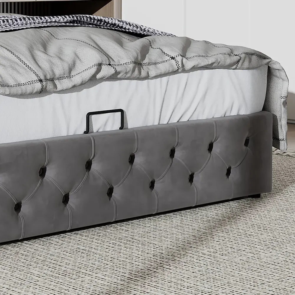 Redom Lit 160x200 cm avec rangement hydraulique et tête de lit capitonnée en velours gris, cadre bois et structure métal* Lit Avec Rangement