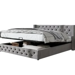 Redom Lit 160x200 cm avec rangement hydraulique et tête de lit capitonnée en velours gris, cadre bois et structure métal* Lit Avec Rangement