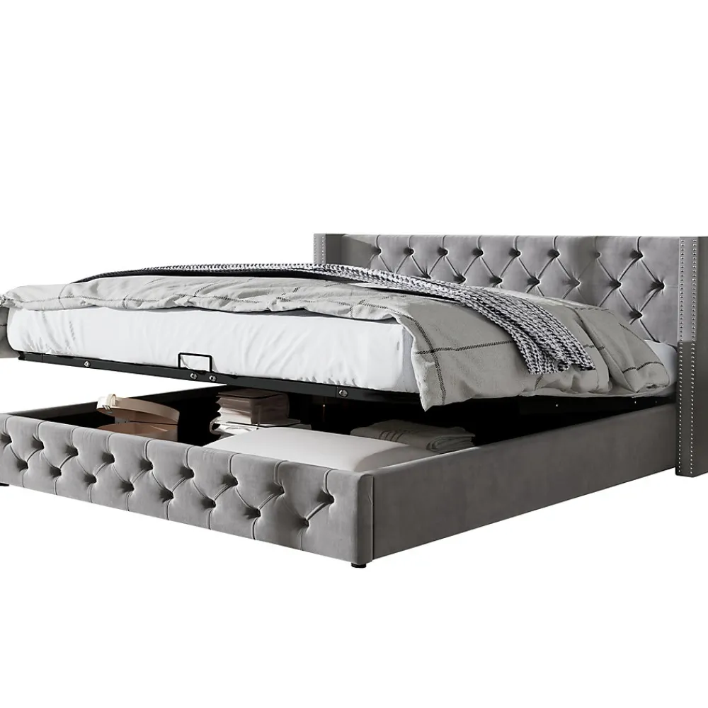 Redom Lit 160x200 cm avec rangement hydraulique et tête de lit capitonnée en velours gris, cadre bois et structure métal* Lit Avec Rangement