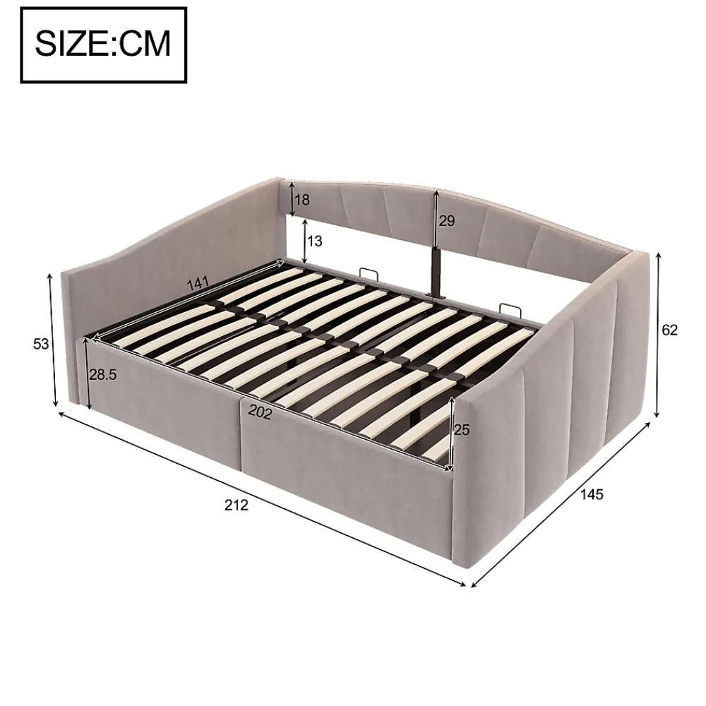Redom Lit 140x200 cm avec rangement hydraulique et revêtement velours gris clair, convertible, design contemporain* Lit Avec Rangement