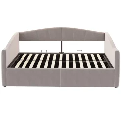 Redom Lit 140x200 cm avec rangement hydraulique et revêtement velours gris clair, convertible, design contemporain* Lit Avec Rangement
