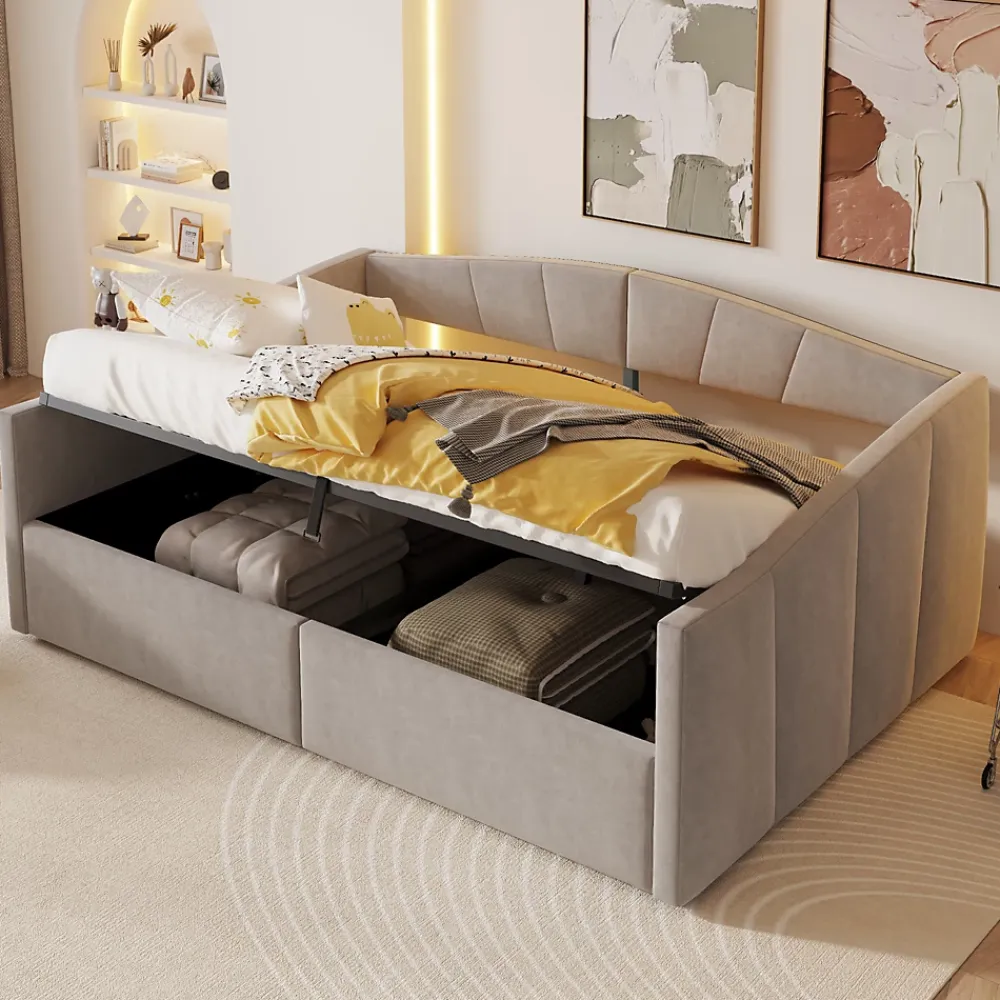 Redom Lit 140x200 cm avec rangement hydraulique et revêtement velours gris clair, convertible, design contemporain* Lit Avec Rangement