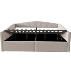 Redom Lit 140x200 cm avec rangement hydraulique et revêtement velours gris clair, convertible, design contemporain* Lit Avec Rangement