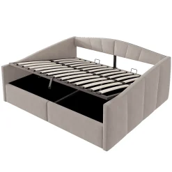 Redom Lit 140x200 cm avec rangement hydraulique et revêtement velours gris clair, convertible, design contemporain* Lit Avec Rangement
