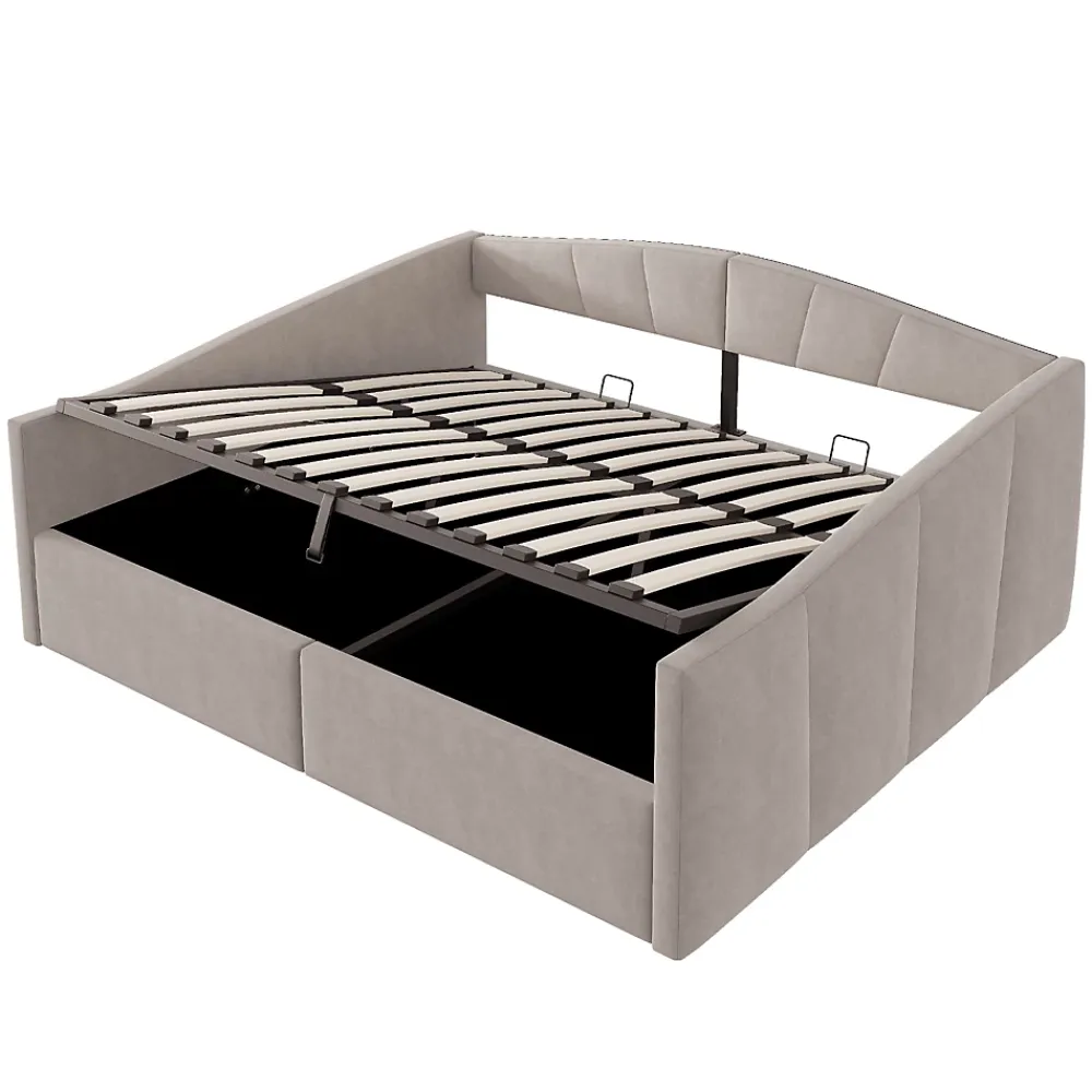 Redom Lit 140x200 cm avec rangement hydraulique et revêtement velours gris clair, convertible, design contemporain* Lit Avec Rangement