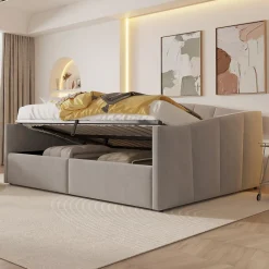 Redom Lit 140x200 cm avec rangement hydraulique et revêtement velours gris clair, convertible, design contemporain* Lit Avec Rangement