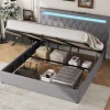Redom Lit 180x200 cm avec rangement hydraulique et tête de lit tapissée en lin gris, éclairage LED pilotable* Lit Avec Rangement