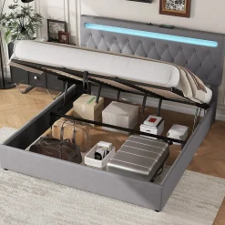 Redom Lit 180x200 cm avec rangement hydraulique et tête de lit tapissée en lin gris, éclairage LED pilotable* Lit Avec Rangement