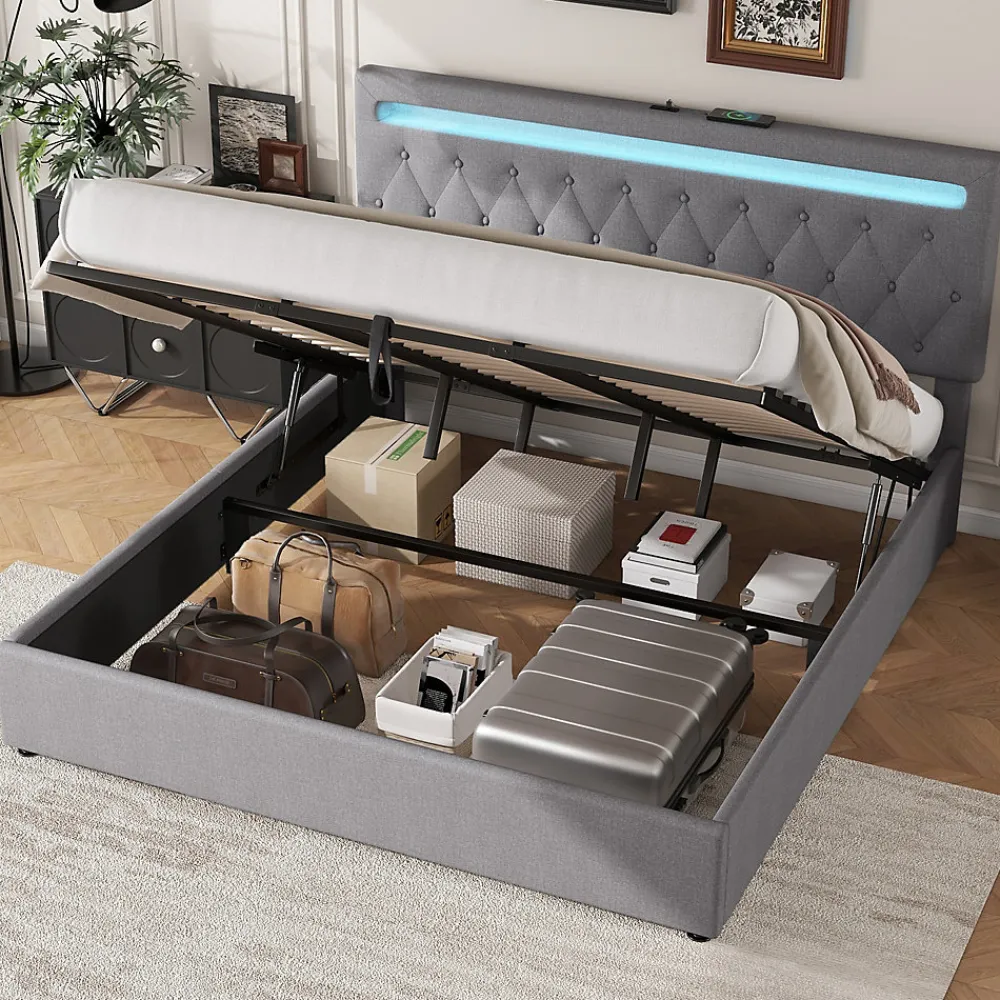 Redom Lit 180x200 cm avec rangement hydraulique et tête de lit tapissée en lin gris, éclairage LED pilotable* Lit Avec Rangement