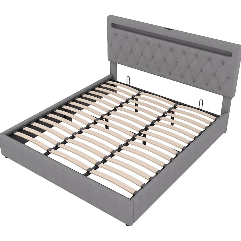 Redom Lit 180x200 cm avec rangement hydraulique et tête de lit tapissée en lin gris, éclairage LED pilotable* Lit Avec Rangement