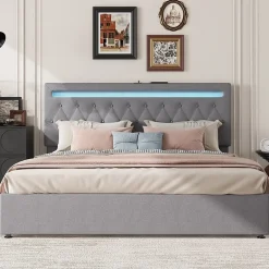 Redom Lit 180x200 cm avec rangement hydraulique et tête de lit tapissée en lin gris, éclairage LED pilotable* Lit Avec Rangement