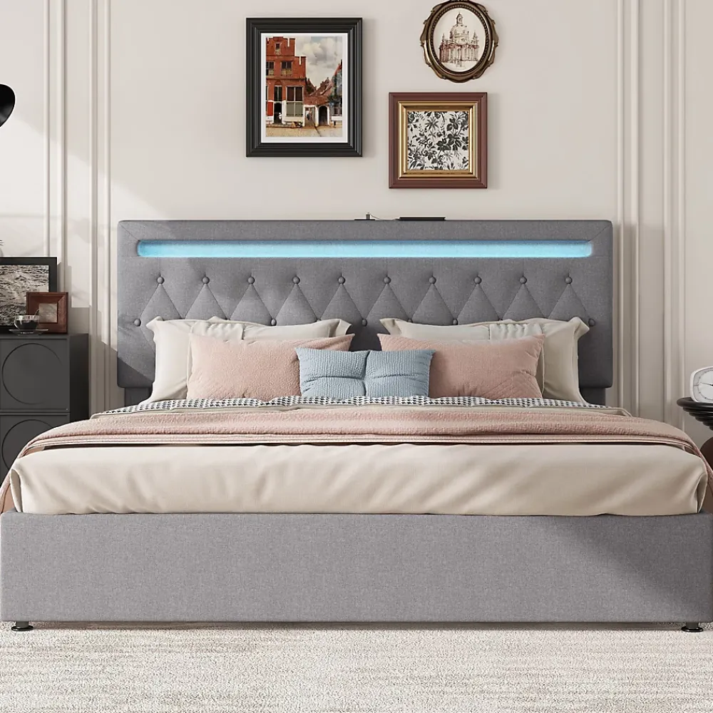 Redom Lit 180x200 cm avec rangement hydraulique et tête de lit tapissée en lin gris, éclairage LED pilotable* Lit Avec Rangement
