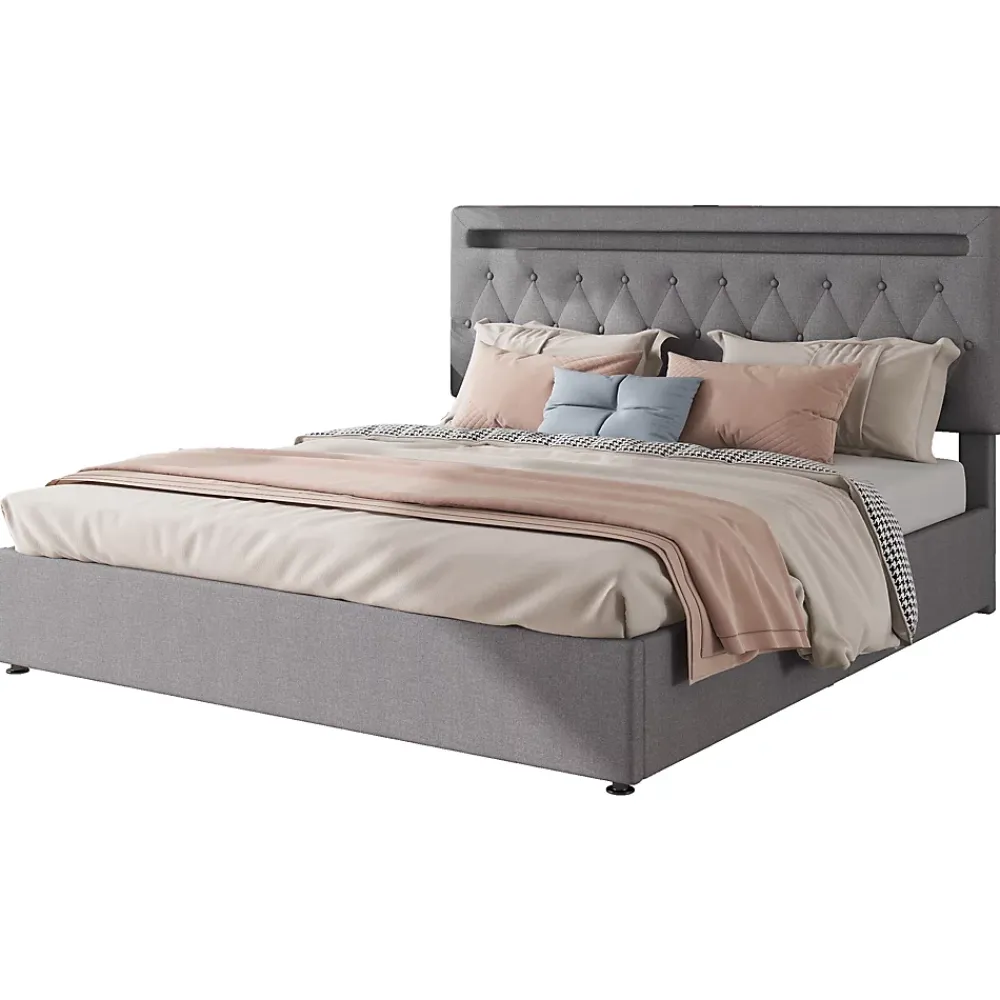 Redom Lit 180x200 cm avec rangement hydraulique et tête de lit tapissée en lin gris, éclairage LED pilotable* Lit Avec Rangement