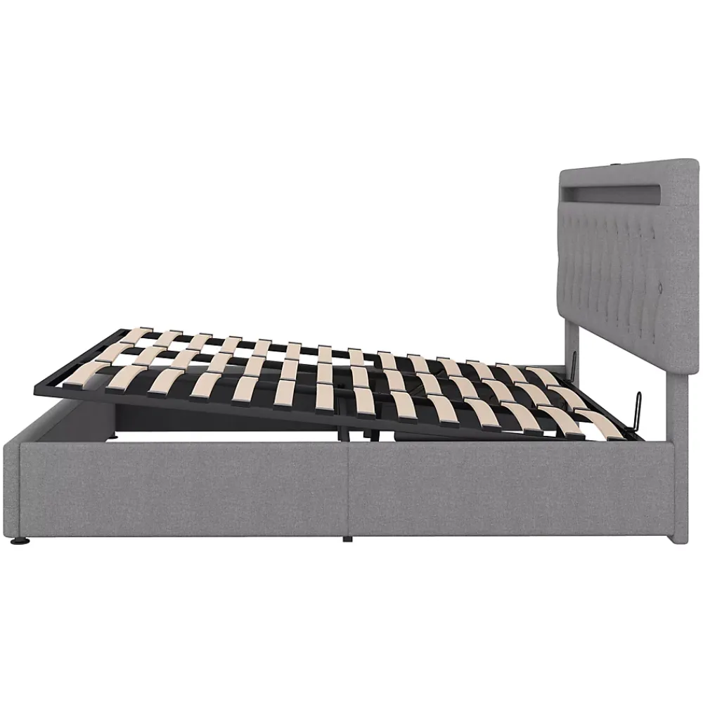 Redom Lit 180x200 cm avec rangement hydraulique et tête de lit tapissée en lin gris, éclairage LED pilotable* Lit Avec Rangement