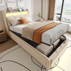 Lit 90x200 cm avec rangement hydraulique, tête de lit étagères, LED multicolore et prise USB, tapissé lin beige>Redom Hot