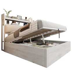 Redom Lit 140x200 cm avec rangement hydraulique intégré, tête de lit rembourrée et cadre métal bois blanc vintage* Lit Avec Rangement