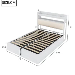 Redom Lit 140x200 cm avec rangement hydraulique intégré, tête de lit rembourrée et cadre métal bois blanc vintage* Lit Avec Rangement