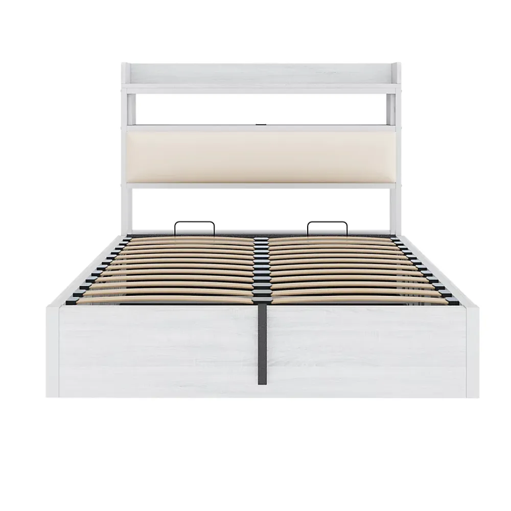 Redom Lit 140x200 cm avec rangement hydraulique intégré, tête de lit rembourrée et cadre métal bois blanc vintage* Lit Avec Rangement