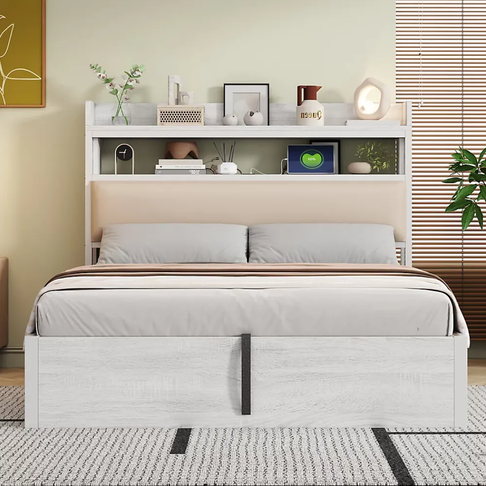 Redom Lit 140x200 cm avec rangement hydraulique intégré, tête de lit rembourrée et cadre métal bois blanc vintage* Lit Avec Rangement