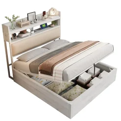 Redom Lit 140x200 cm avec rangement hydraulique intégré, tête de lit rembourrée et cadre métal bois blanc vintage* Lit Avec Rangement