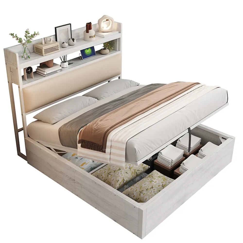 Redom Lit 140x200 cm avec rangement hydraulique intégré, tête de lit rembourrée et cadre métal bois blanc vintage* Lit Avec Rangement