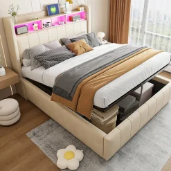 Lit 140x200 cm avec rangement hydraulique et tête de lit LED, revêtu de lin beige au design contemporain>Redom Hot