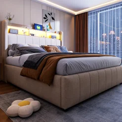 Lit 140x200 cm avec rangement hydraulique et tête de lit LED, revêtu de lin beige au design contemporain>Redom Hot