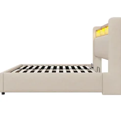 Lit 140x200 cm avec rangement hydraulique et tête de lit LED, revêtu de lin beige au design contemporain><noscript><img width=