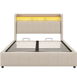 Lit 140x200 cm avec rangement hydraulique et tête de lit LED, revêtu de lin beige au design contemporain><noscript><img width=