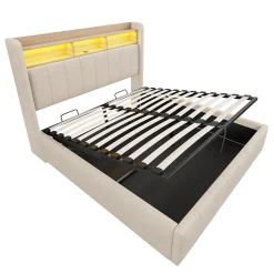 Lit 140x200 cm avec rangement hydraulique et tête de lit LED, revêtu de lin beige au design contemporain><noscript><img width=