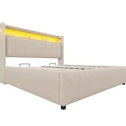 Lit 140x200 cm avec rangement hydraulique et tête de lit LED, revêtu de lin beige au design contemporain><noscript><img width=