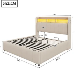 Lit 140x200 cm avec rangement hydraulique et tête de lit LED, revêtu de lin beige au design contemporain><noscript><img width=