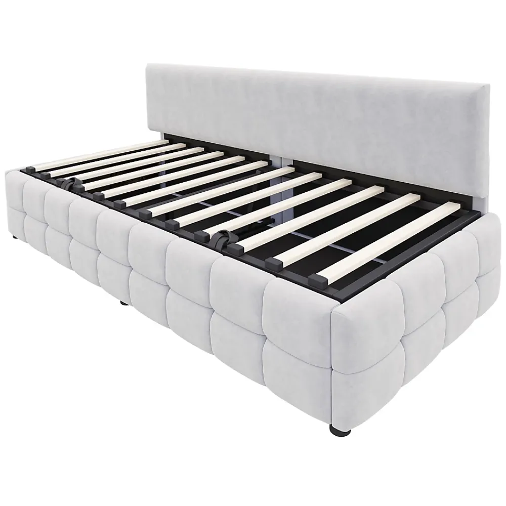 Redom Lit 90x200 cm avec rangement hydraulique, tapissé velours gris clair, sans accoudoirs, design moderne* Lit Avec Rangement