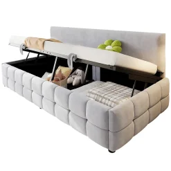 Redom Lit 90x200 cm avec rangement hydraulique, tapissé velours gris clair, sans accoudoirs, design moderne* Lit Avec Rangement