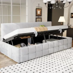 Redom Lit 90x200 cm avec rangement hydraulique, tapissé velours gris clair, sans accoudoirs, design moderne* Lit Avec Rangement