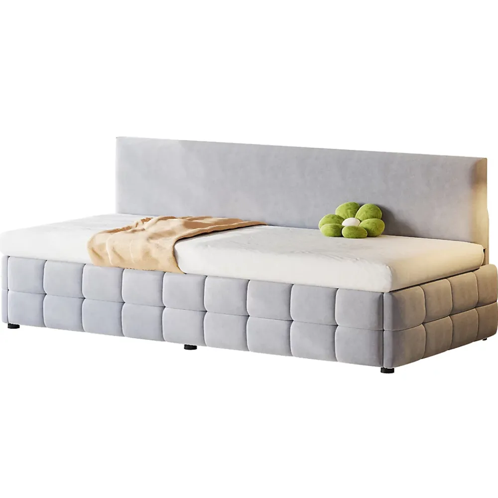 Redom Lit 90x200 cm avec rangement hydraulique, tapissé velours gris clair, sans accoudoirs, design moderne* Lit Avec Rangement